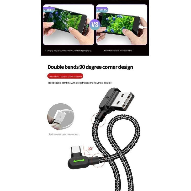 Cable Mcdodo Usb Tipo C Led 3 Metros 90º Gamer Carga Rápida