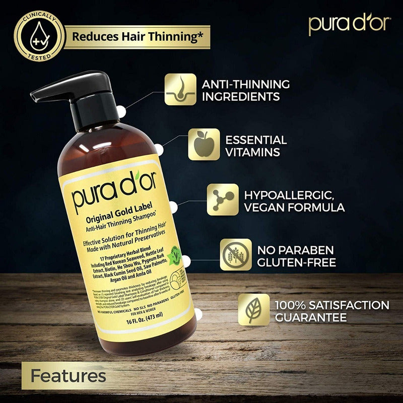 Pura D'or Shampoo Anti Caída Combo + Acondicionador Gold Label Best Seller Made In Usa